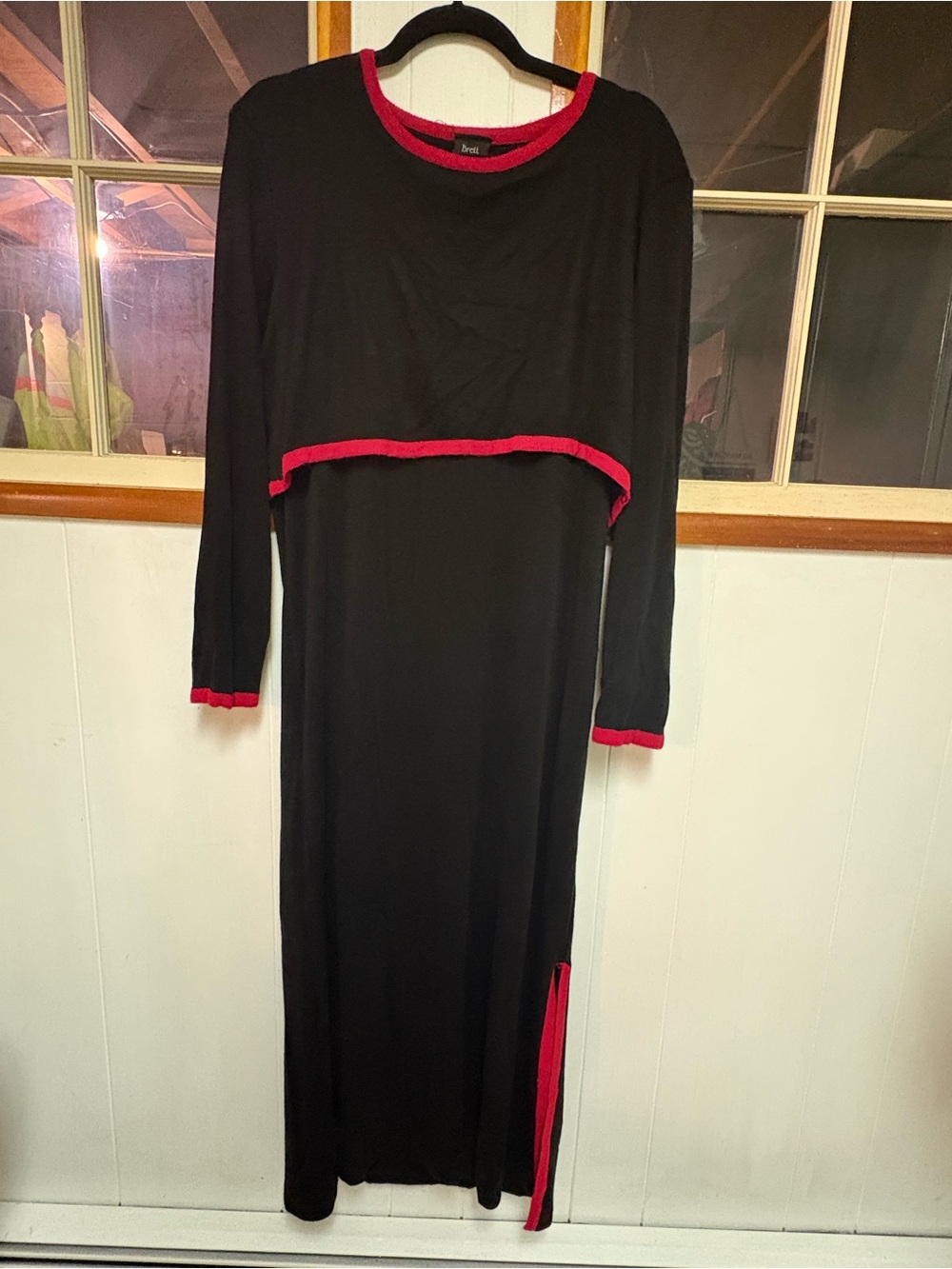 Elegant Black Maxi Dress with Red Trim — Long Sleeve Layered Silhouette